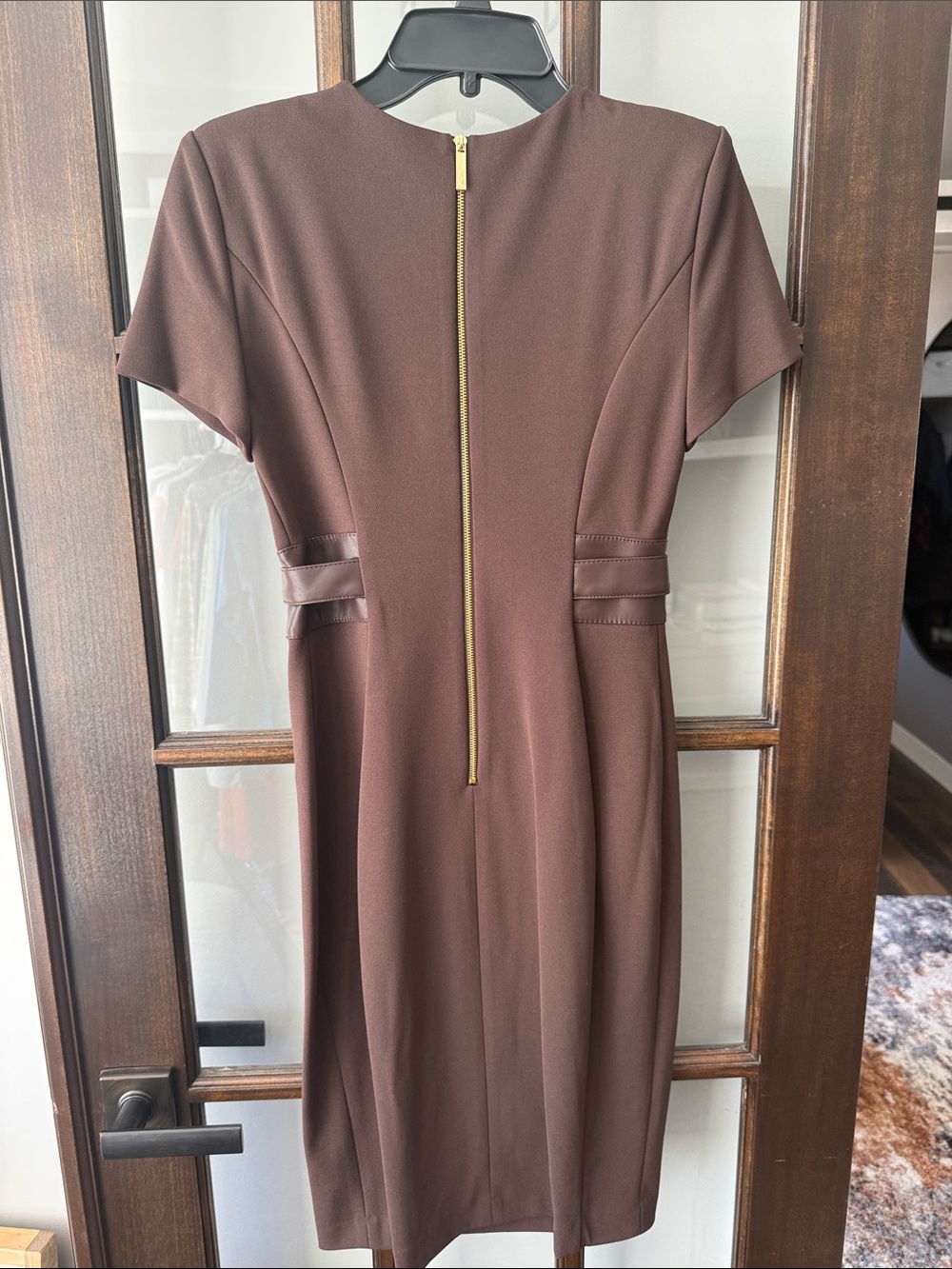 Calvin Klein Chocolate Brown Midi Sheath Dress with Faux-Leather Tie - Picture 9 of 12